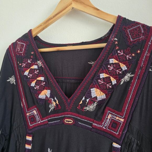 Free People Tulum Embroidered Mini Boho Dress Tunic Size XS Black 3/4 Sleeve - Picture 3 of 10
